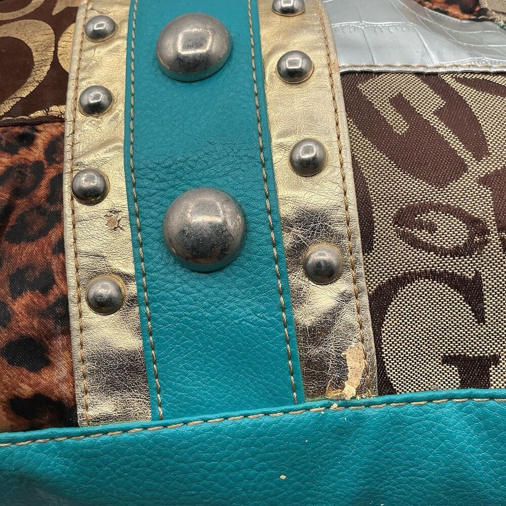 Patchwork Animal Print Shoulder Bag Turquoise Studded Y2K Hobo Purse Boho - Picture 5 of 9